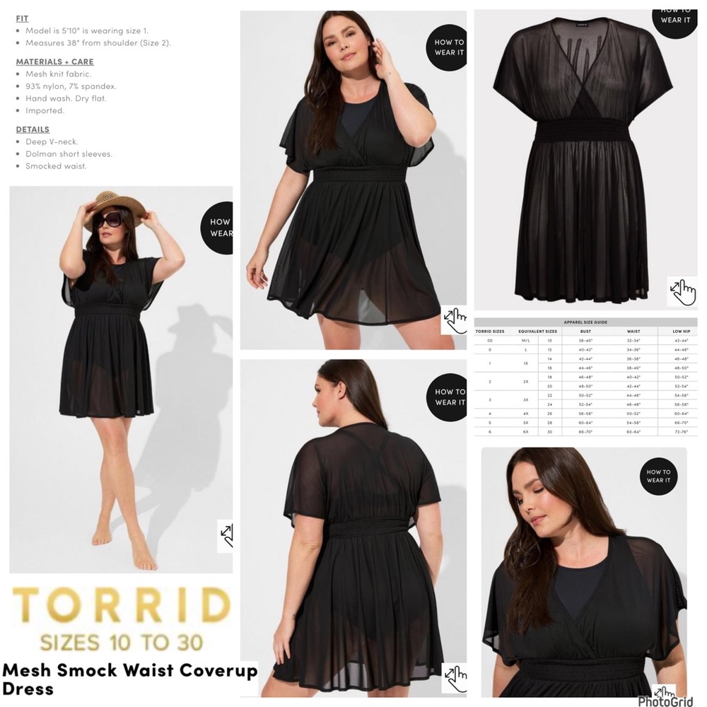 Torrid 1 plus size black mesh smock waist coverup swim dress
